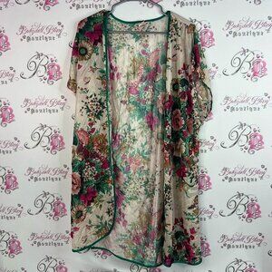 Avon robe flowers vintage shiny shimmer Floral Sheer Kimono Cardigan